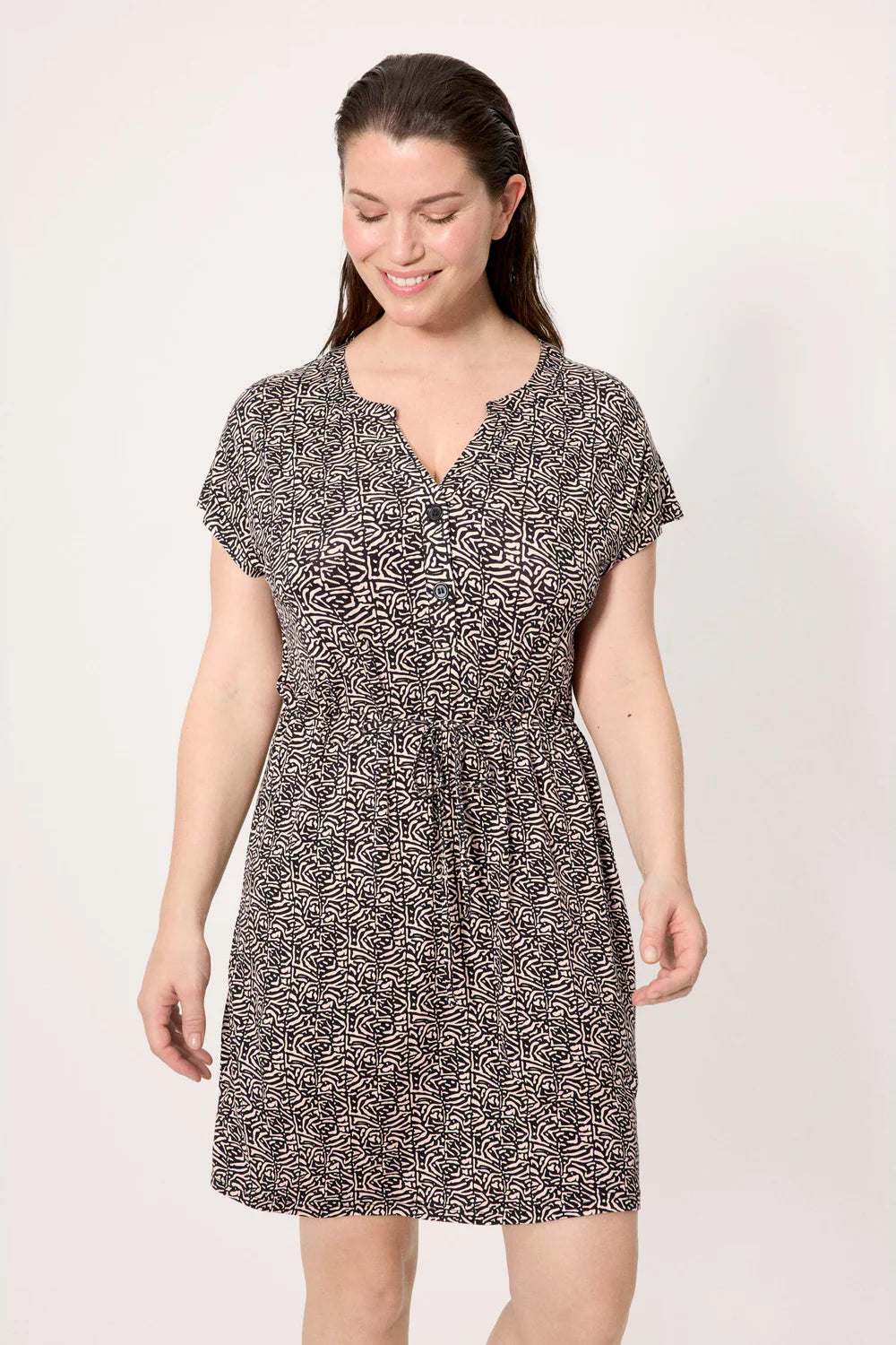Abito corto donna fantasia geometrica con coulisse