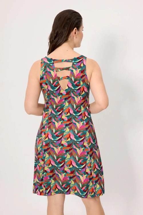 Abito estivo donna fantasia tropicale con dettaglio intrecciato