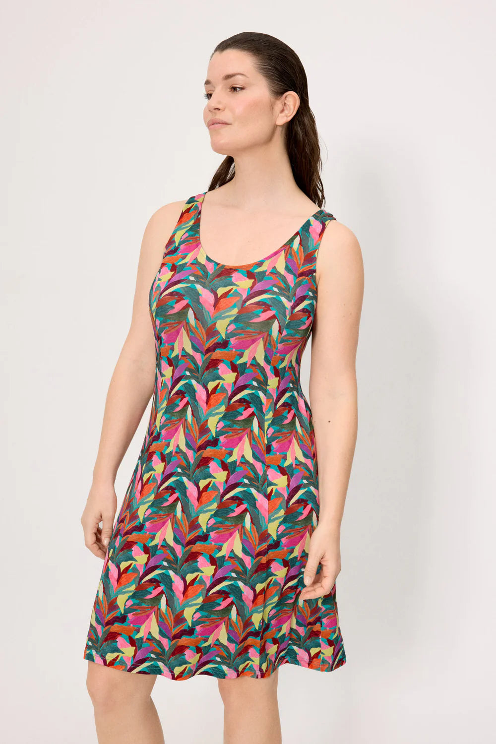Abito estivo donna fantasia tropicale con dettaglio intrecciato