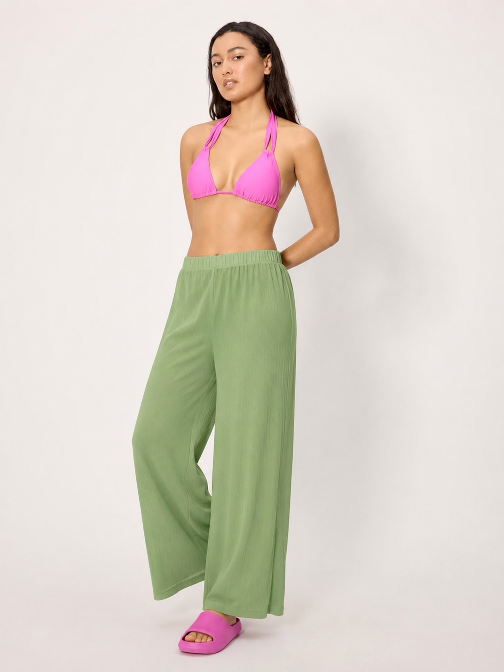 Pantaloni mare donna verdi a palazzo con spacchi
