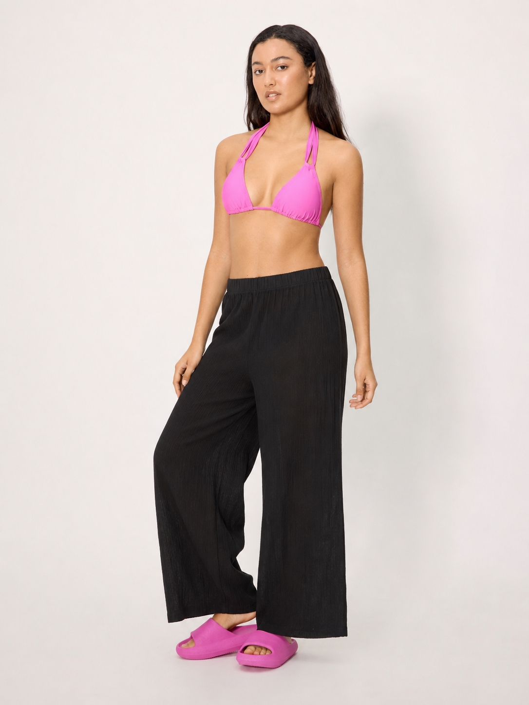 Pantaloni mare donna neri a palazzo con spacchi