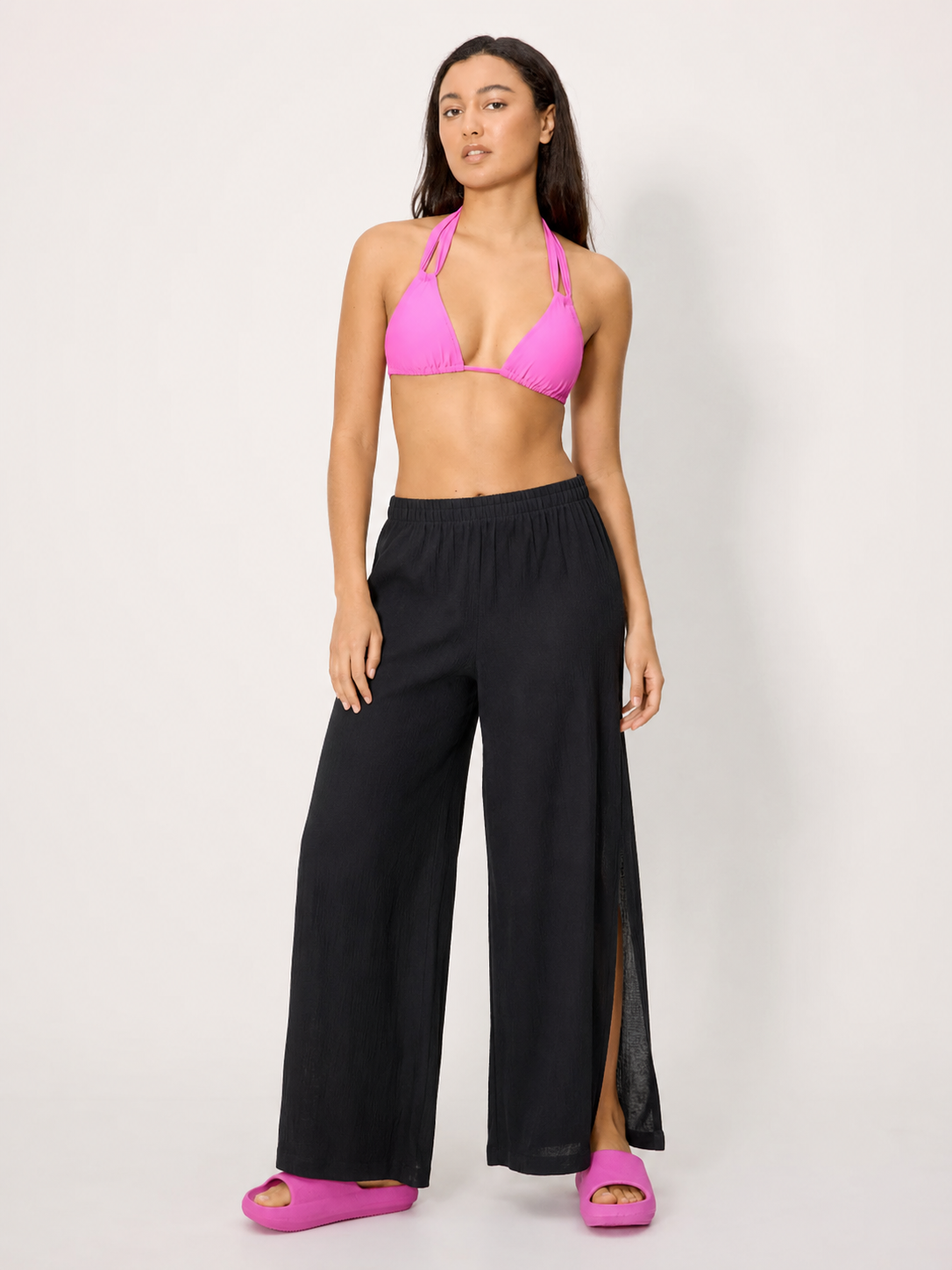 Pantaloni mare donna neri a palazzo con spacchi