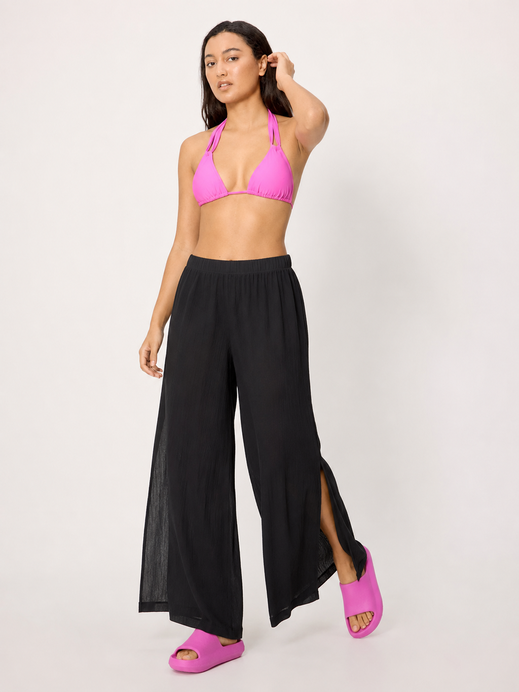 Pantaloni mare donna neri a palazzo con spacchi