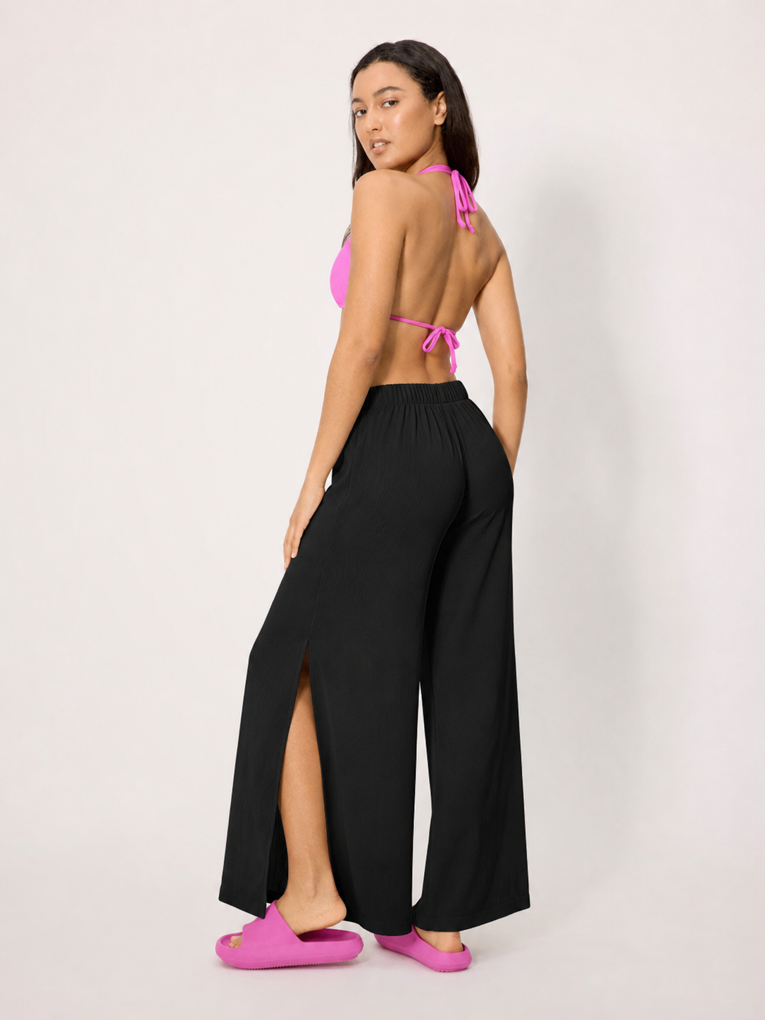 Pantaloni mare donna neri a palazzo con spacchi