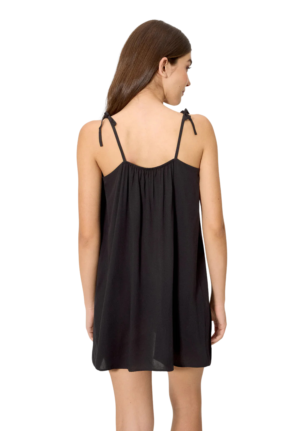 Abito corto in tessuto leggero, spalline annodabili per regolazione; linea sopra il ginocchio, stile basic versatile.